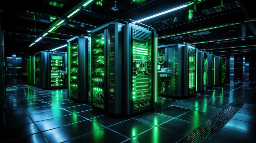server room with green lights indicating energyefficient operations scaled